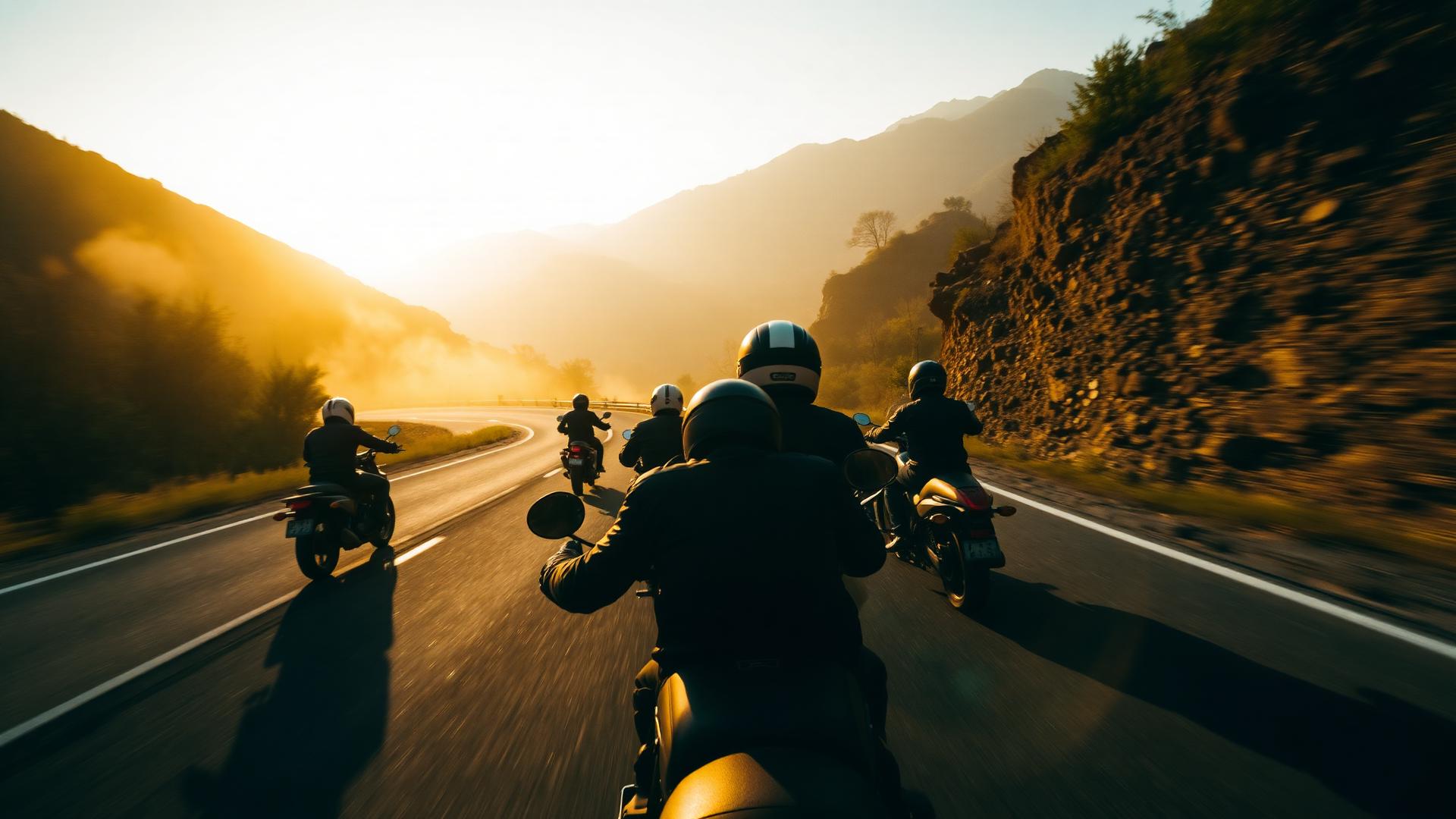 Grupa motocyklistów na górskiej drodze o zachodzie słońca